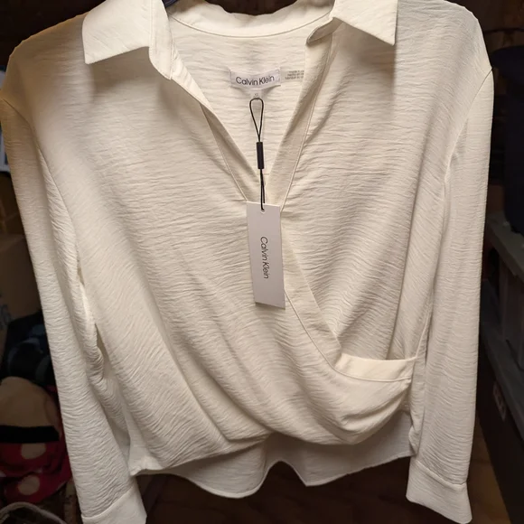 Calvin Klein White Ribbed Wrap Blouse - Picture 1 of 4